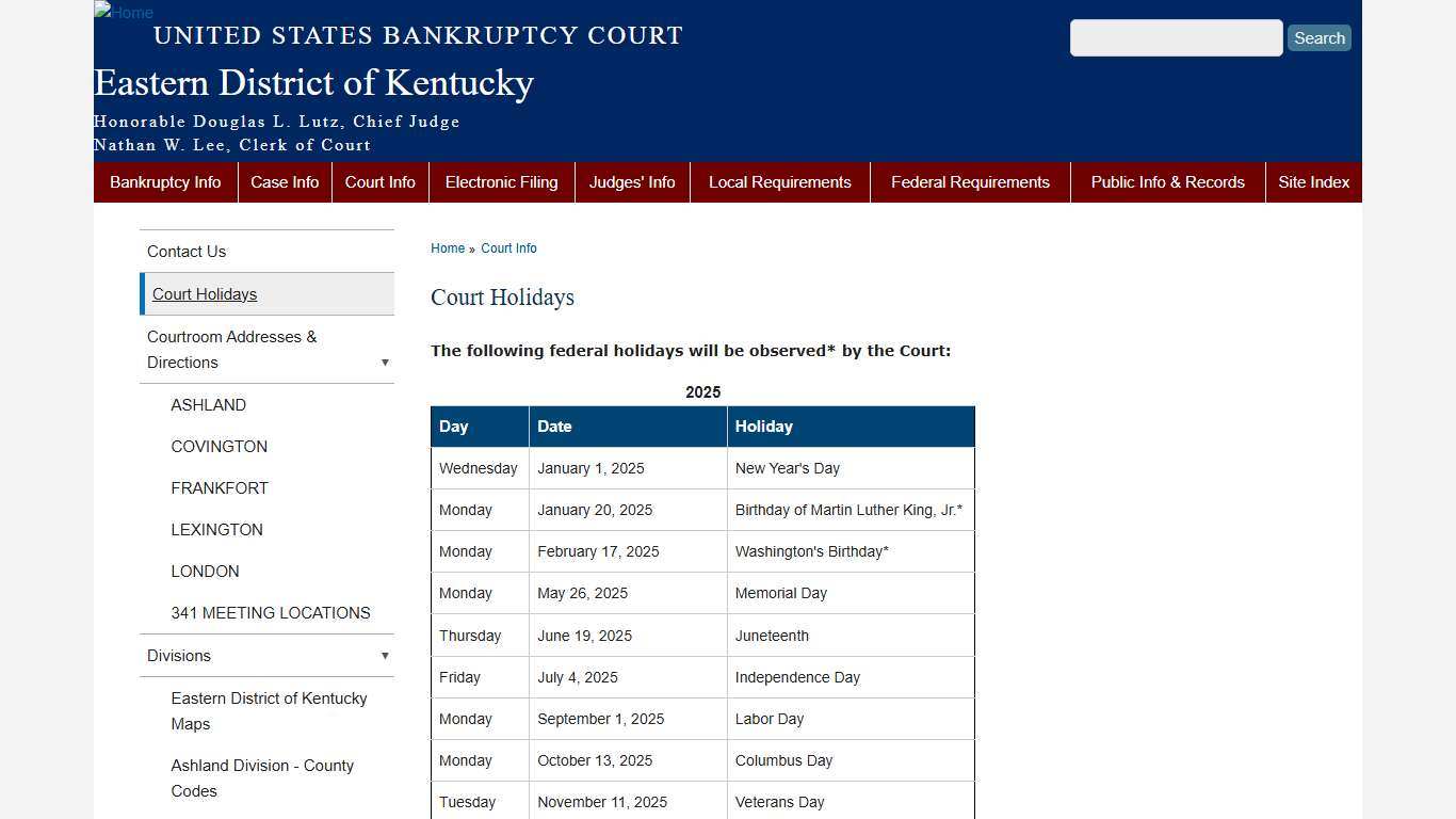 Court Holidays Eastern District of Kentucky United States Bankruptcy Court