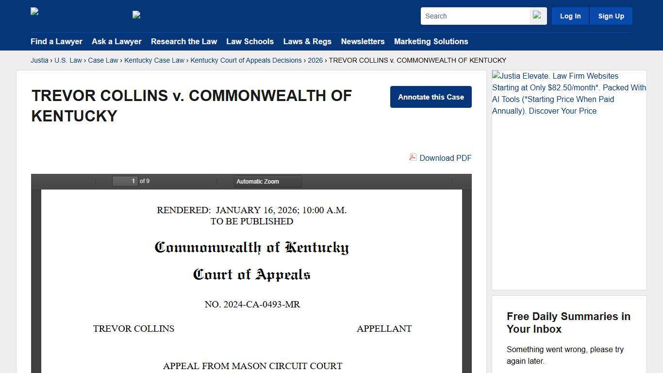 TREVOR COLLINS v. COMMONWEALTH OF KENTUCKY :: 2026 :: Kentucky Court of Appeals Decisions :: Kentucky Case Law :: Kentucky Law :: U.S. Law :: Justia